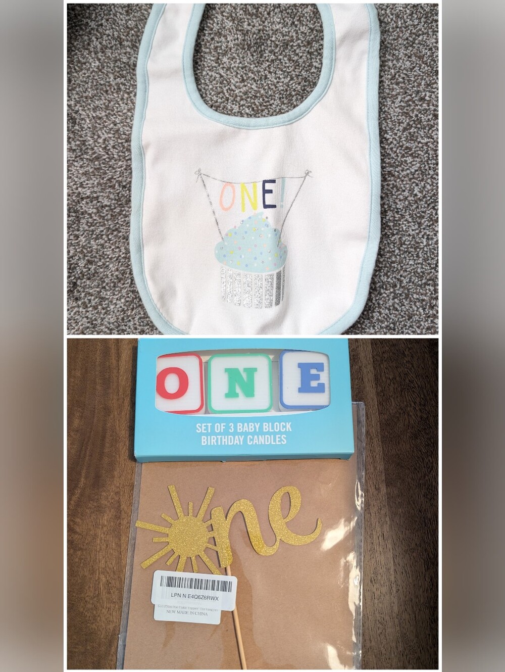 First Birthday Baby Bib, ONE Candle, And Sun Cake Topper